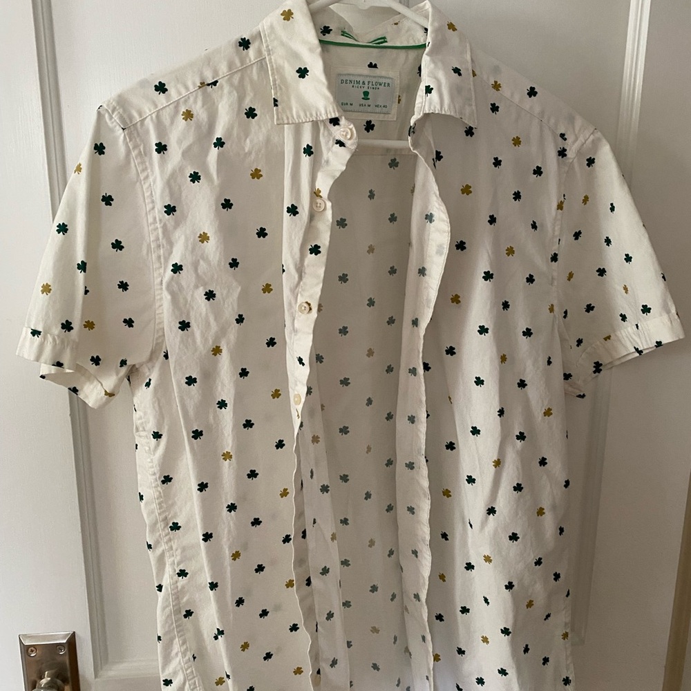 Men’s White Shirt with Green and Yellow Clover Print